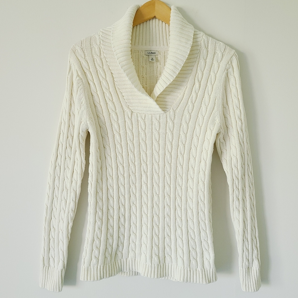 L.L. Bean Cream Cable Knit Shawl Collar Sweater